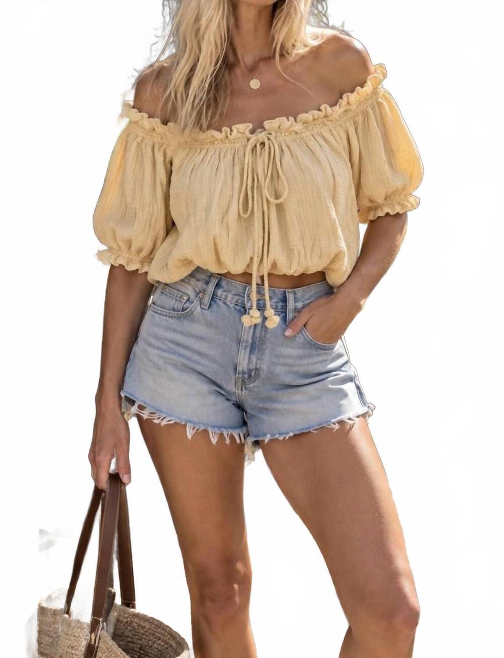 NEW BY TOGETHER crop drawstring peasent top in sunflower yellow